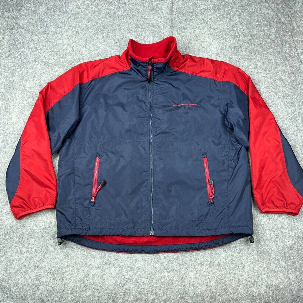 Tommy Hilfiger Jacket Mens Extra Large Blue Red Fleece Lined Nylon Full‎ Zip Y2K